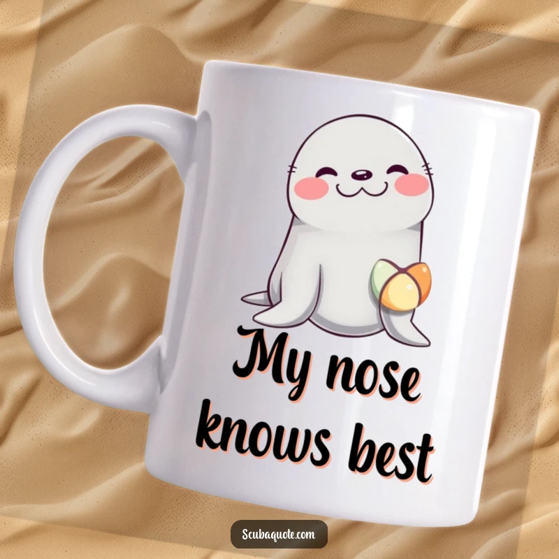 Funny mug featuring a giggling seal with a small, colorful ball perfectly balanced on its nose, radiating pure joy and playful energy.