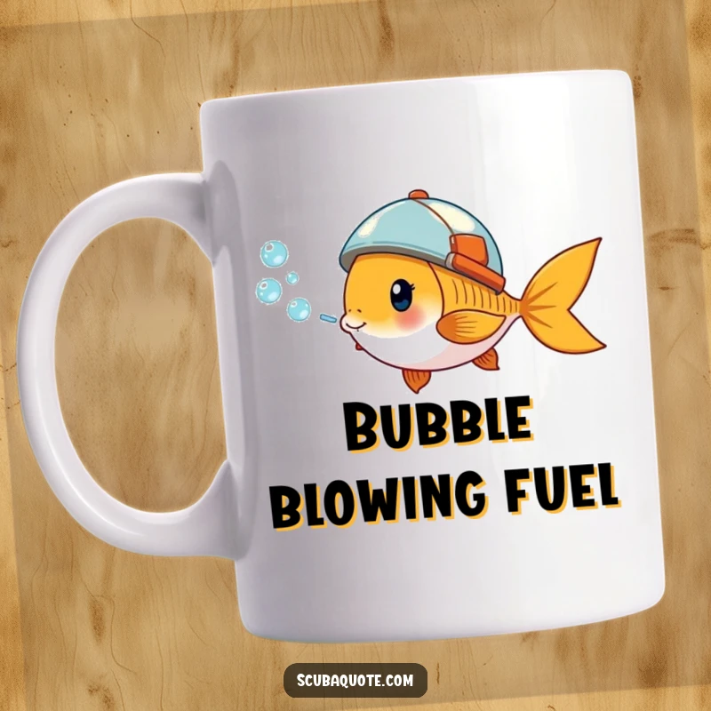 Funny mug with a giddy goldfish wearing a tiny helmet, blowing a stream of bubbles, celebrating aquatic fun and adventure.