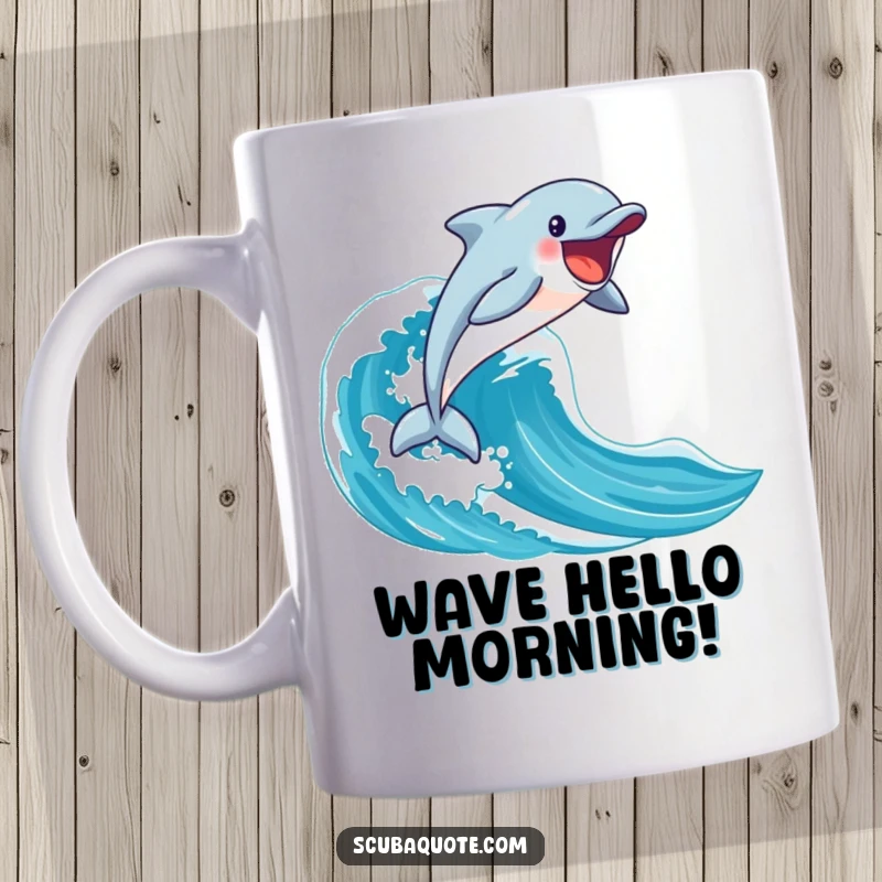 Funny happy dolphin leaping enthusiastically from the crest of a blue wave on a ceramic mug, a vibrant ocean gift.