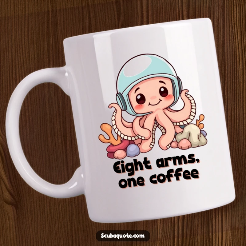 Funny mug featuring a curious octopus wearing a helmet, peeking from behind coral, embodying underwater exploration and whimsical charm.
