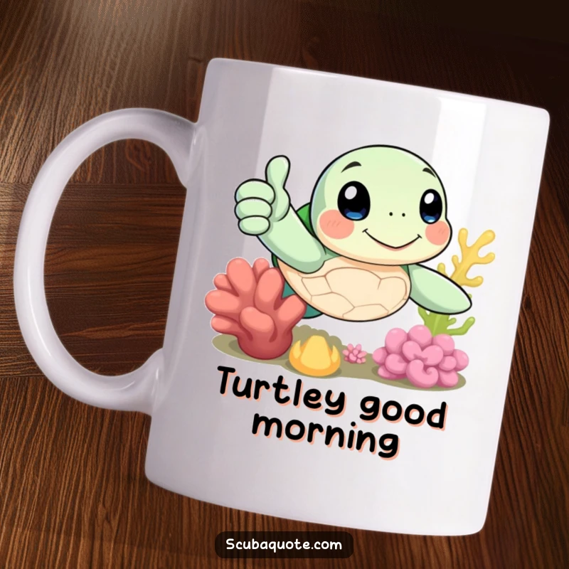 Funny mug with a cheerful sea turtle character giving a thumbs-up while floating near colorful coral reef.