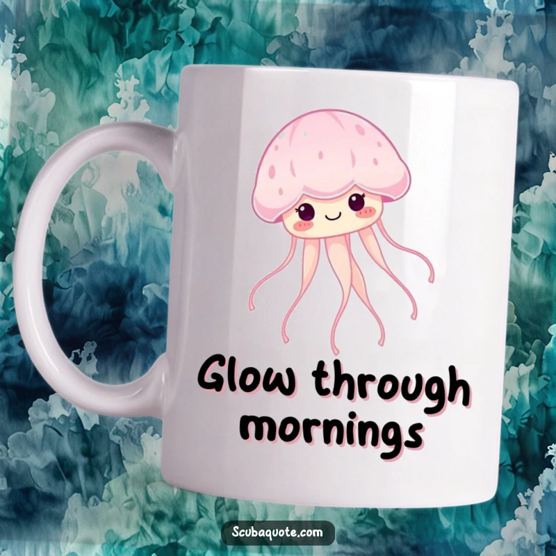 Funny smiling jellyfish floating serenely, trailing glowing tendrils on a ceramic mug, a calming ocean gift.
