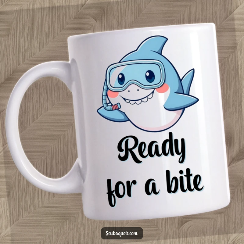 Funny smiling shark mug wearing a tiny snorkel, giving a friendly nod, perfect for a humorous gift.
