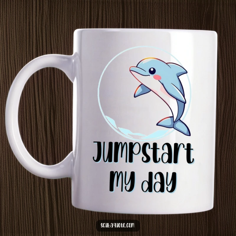 Funny mug featuring a playful dolphin leaping joyfully through a ring of light, symbolizing freedom and aquatic wonder.