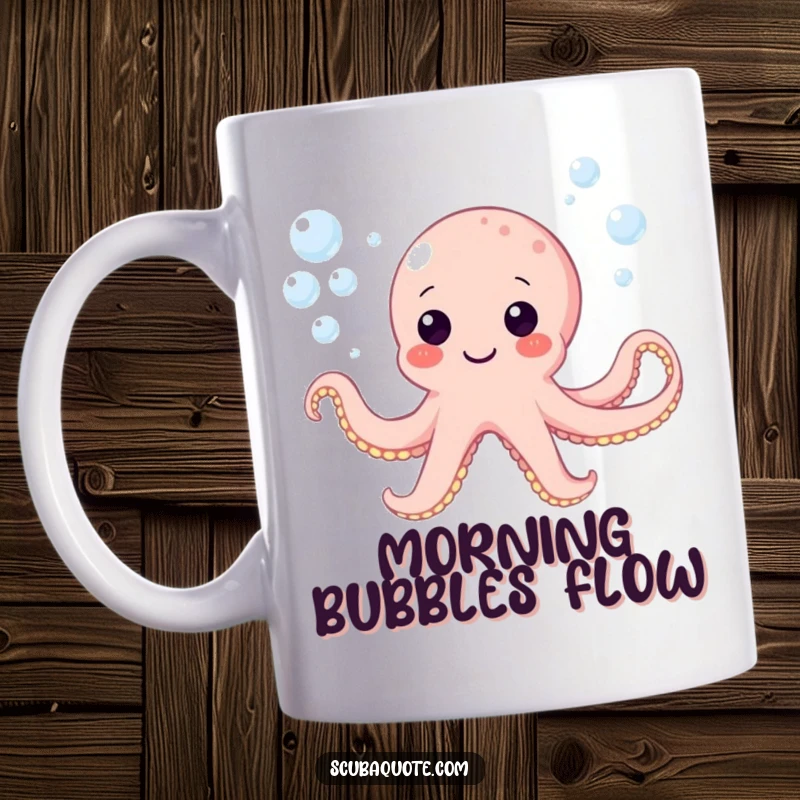 Funny mug with a happy octopus character playfully blowing numerous bubbles underwater, creating a whimsical scene.