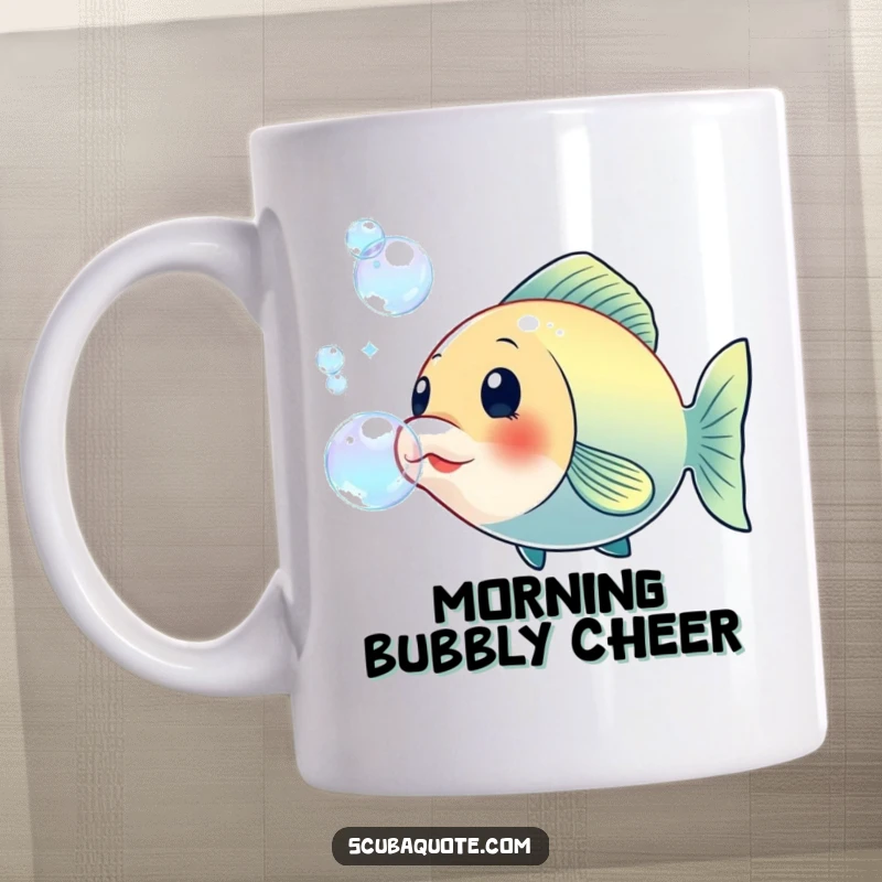 Funny mug featuring a smiling fish cheerfully blowing a stream of large, iridescent bubbles, creating a whimsical underwater scene.