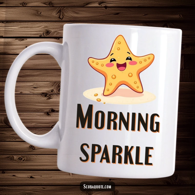 Funny mug showing a delighted starfish performing a joyful wiggle dance on the sandy ocean floor with a happy expression.