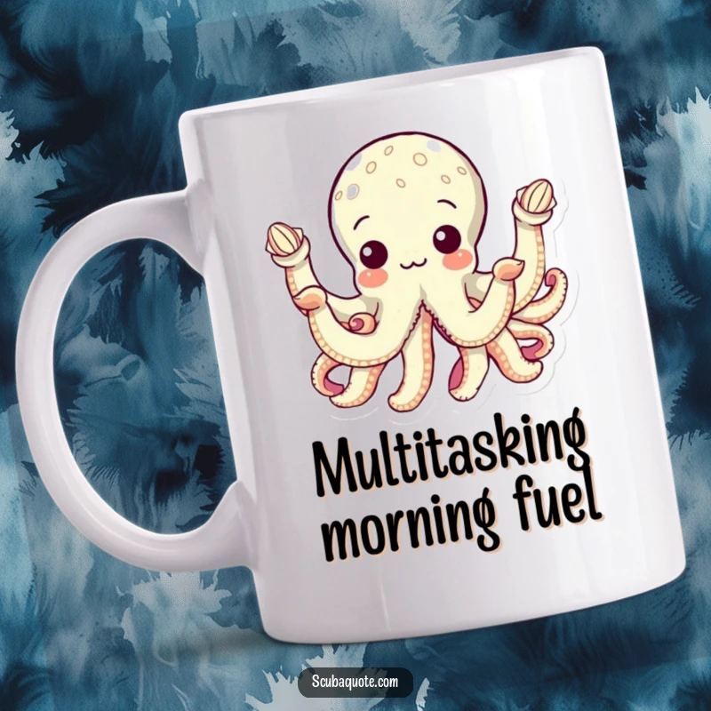 Funny mug depicting a curious octopus with all eight arms expertly holding a small seashell, showcasing undersea multitasking.
