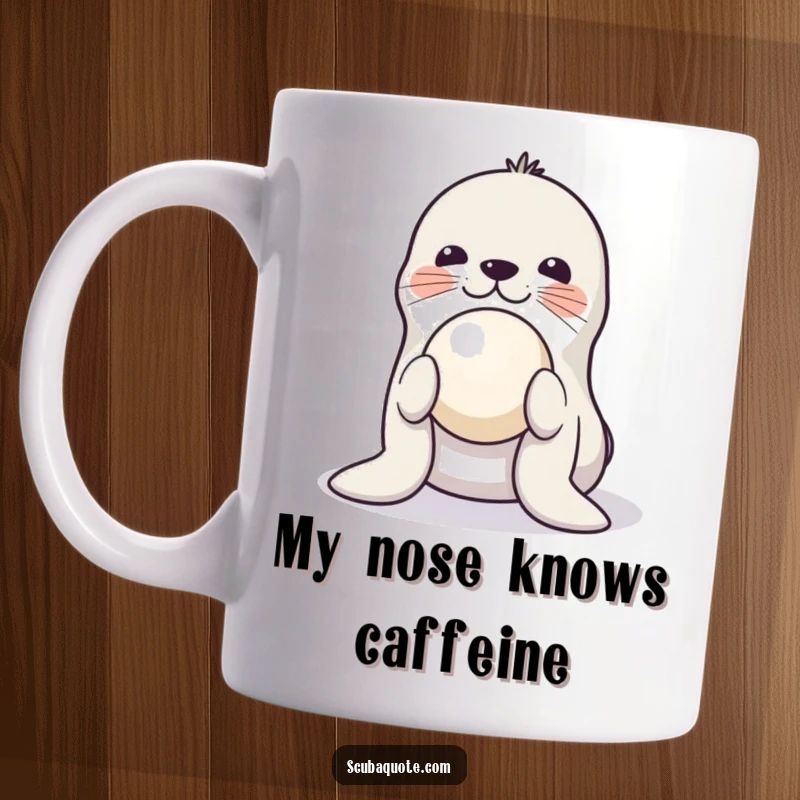 Funny mug depicting a playful seal expertly balancing a colorful ball on its nose, showcasing impressive skill and a cheerful demeanor.