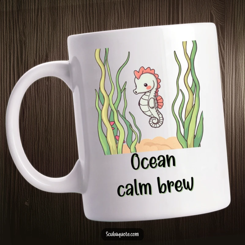 Funny mug showcasing a content seahorse peacefully drifting amidst gently swaying seaweed strands, embodying oceanic serenity and calm.