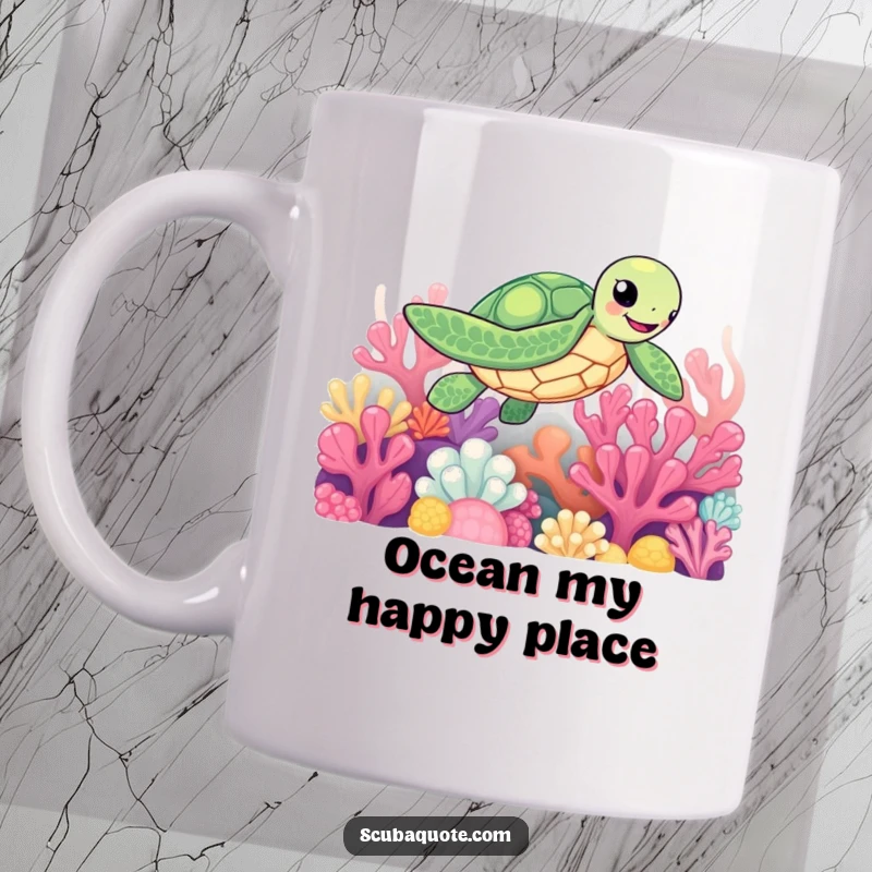 Funny mug featuring a joyful sea turtle happily swimming amidst colorful coral reefs, bringing underwater cheer.