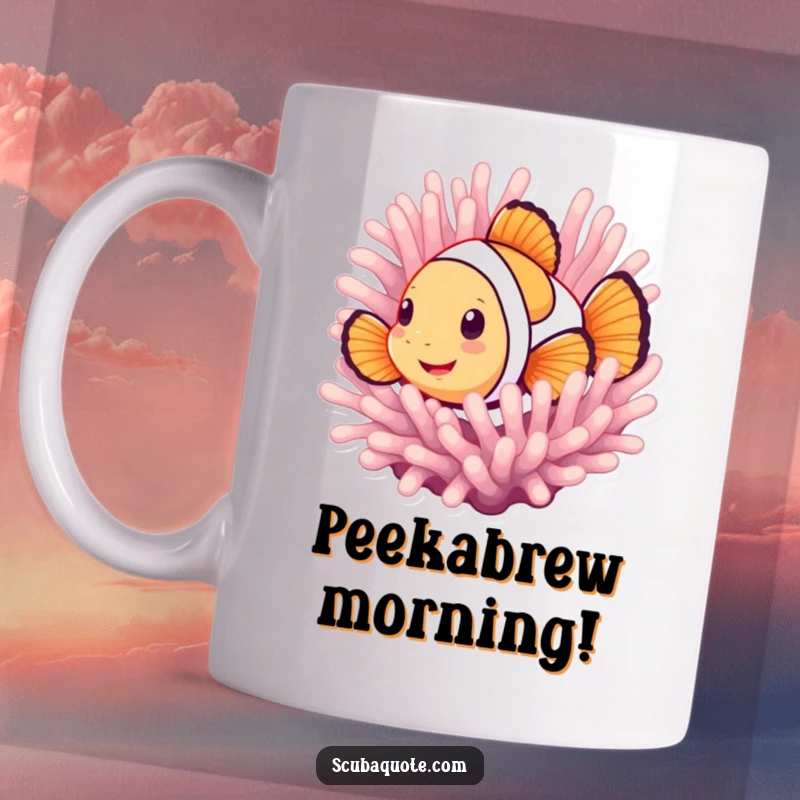 Funny mug featuring a smiling clownfish peeking playfully from behind a colorful anemone, radiating cheerful underwater vibes.