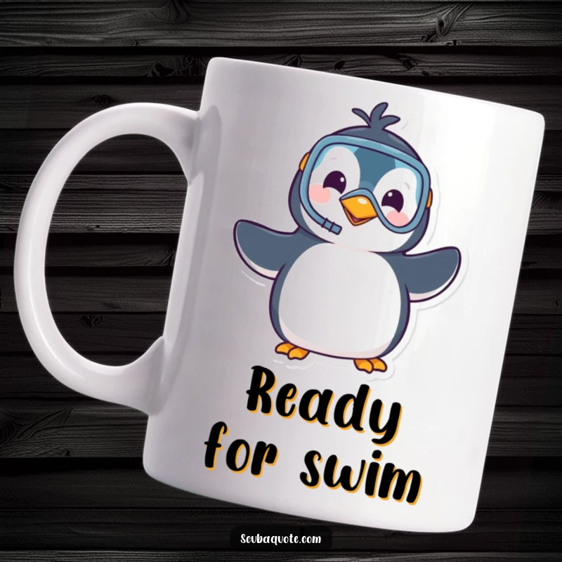 Funny mug showcasing a happy penguin wearing a tiny snorkel and mask, waving enthusiastically, ready for an underwater adventure.