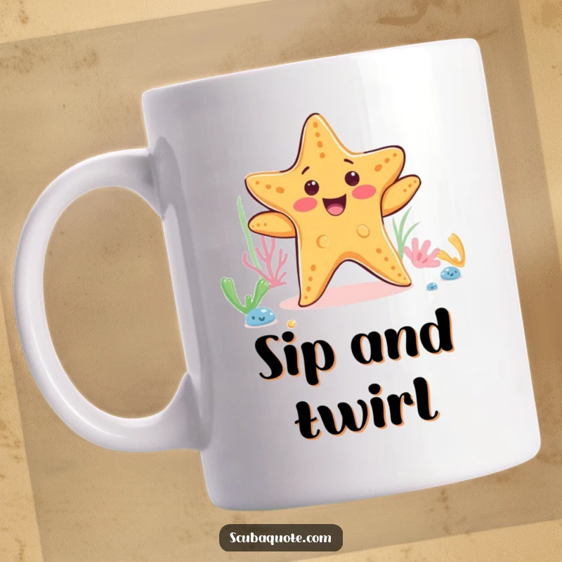 Funny starfish mug showing a happy starfish performing a lively dance on the ocean floor, perfect for beach lovers.