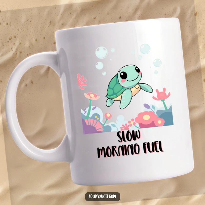 Funny mug showing a happy sea turtle gracefully gliding past vibrant anemones and playful bubbles underwater.