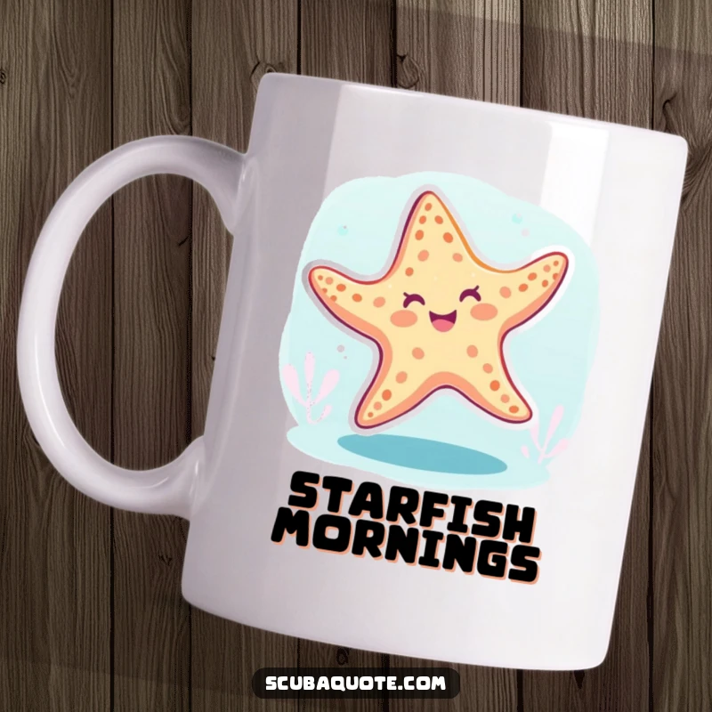 Funny starfish mug depicting a cheerful starfish doing a playful underwater dance, bringing smiles to your morning.