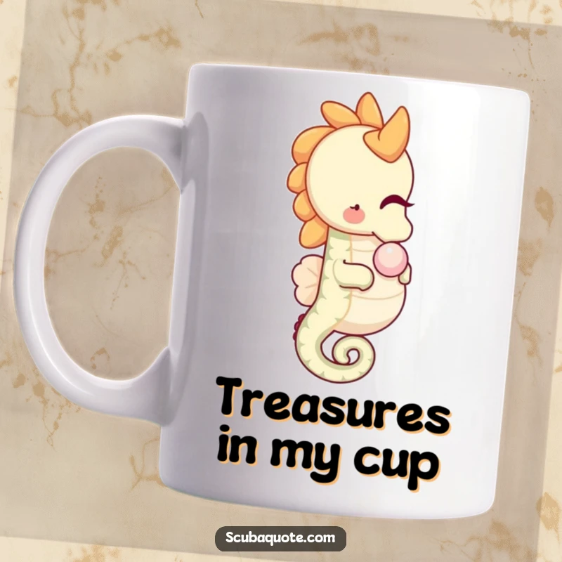 Funny happy seahorse mug gently nudging a pearl with its snout, perfect for a charming gift.