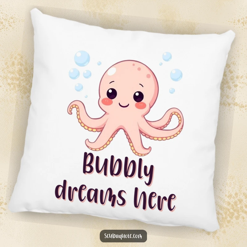 Funny pillow with a happy octopus character blowing bubbles underwater, offering soft comfort and playful decor.