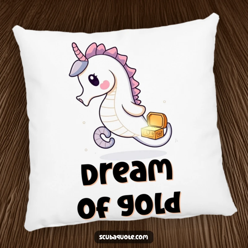Funny seahorse pillow with a delighted seahorse chasing a treasure chest, perfect for adding comfort and wonder.