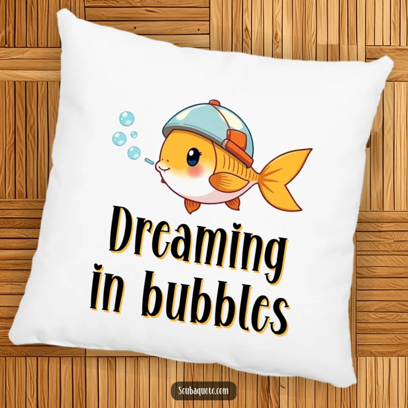 Funny pillow with a giddy goldfish wearing a small helmet, blowing a stream of bubbles, providing cozy aquatic comfort.