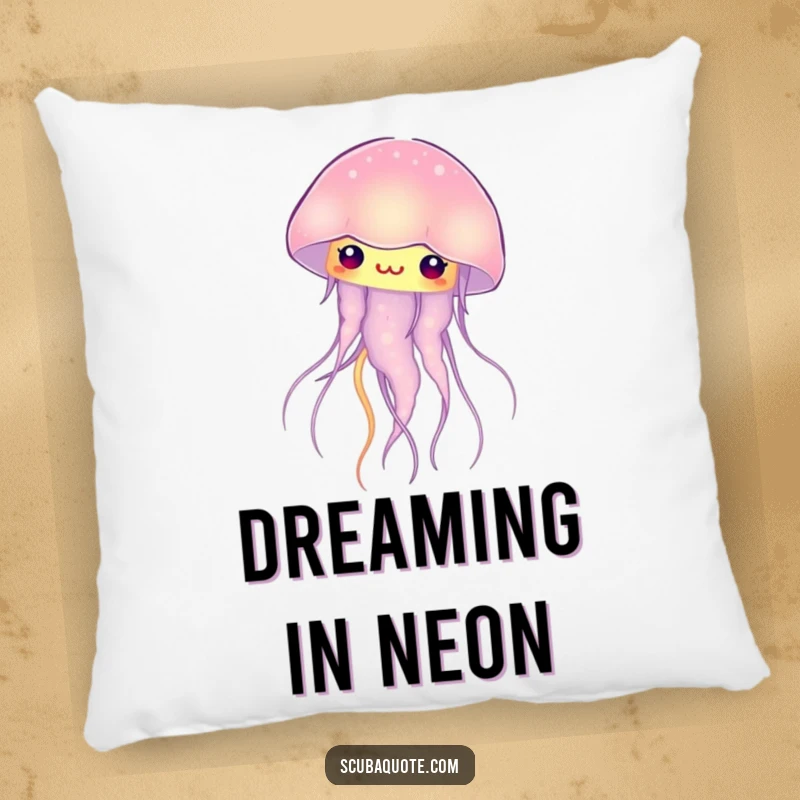 Funny gentle jellyfish pillow, showcasing a curious creature with a soft, internal glow, offering comfort and humor.