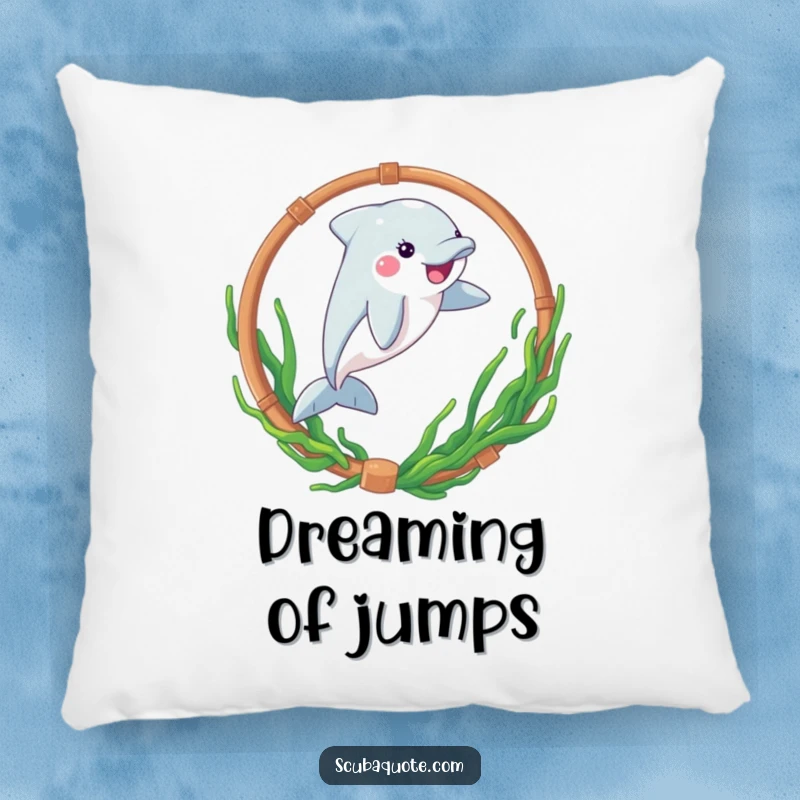 Funny pillow with a playful dolphin leaping through a seaweed hoop, offering soft comfort and aquatic charm.