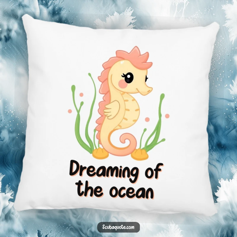 Funny pillow featuring a happy seahorse gracefully swimming through seaweed, offering soft comfort and a calming underwater aesthetic.
