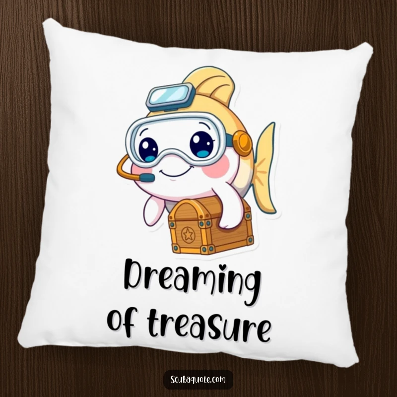 Funny pillow showcasing a smiling fish character with a diving mask and treasure chest, adding comfort and charm.