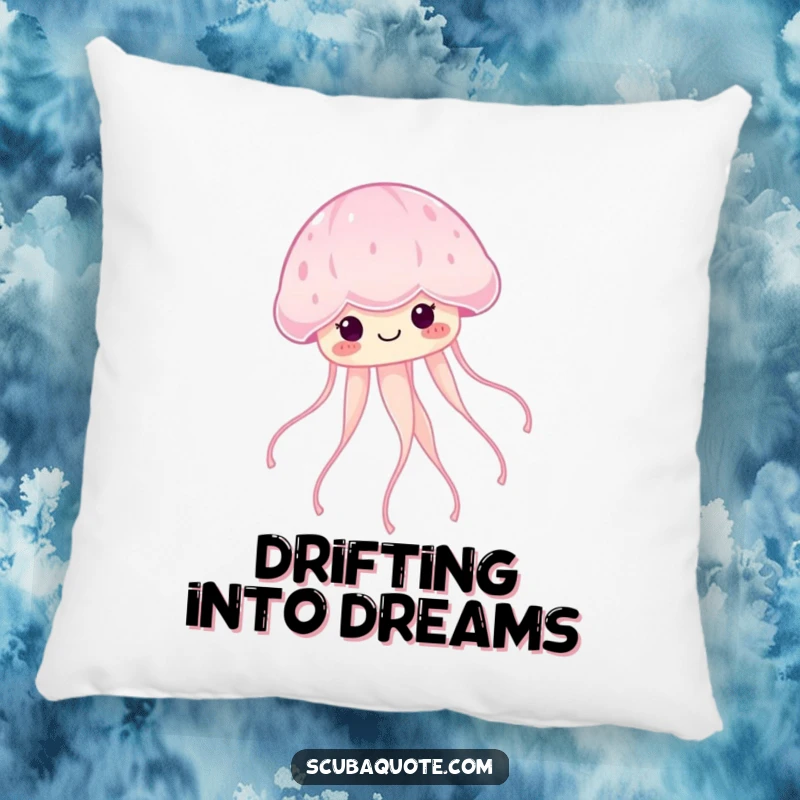 Funny smiling jellyfish floating serenely with glowing tendrils on a soft pillow, bringing ocean calm indoors.