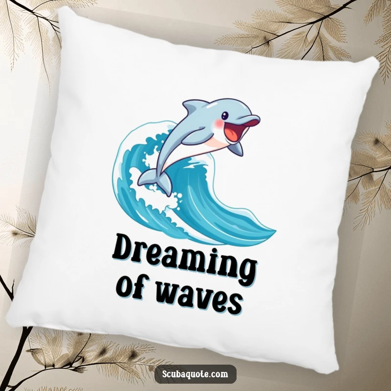 Funny happy dolphin leaping from a blue wave on a soft pillow, bringing ocean vibes indoors.