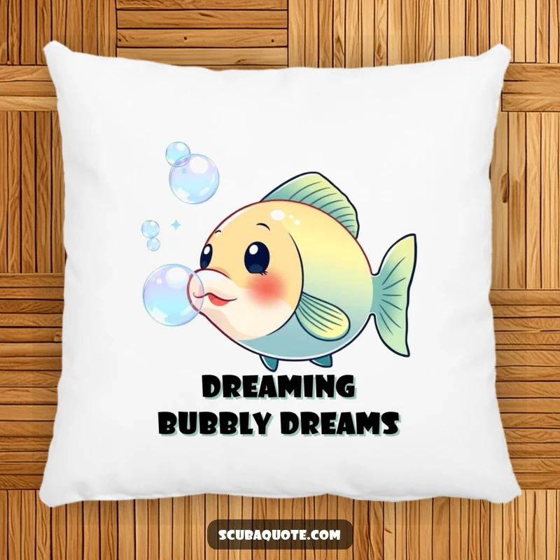Funny pillow with a cheerful fish blowing iridescent bubbles, offering a soft, plush, and humorous touch to any seating area.