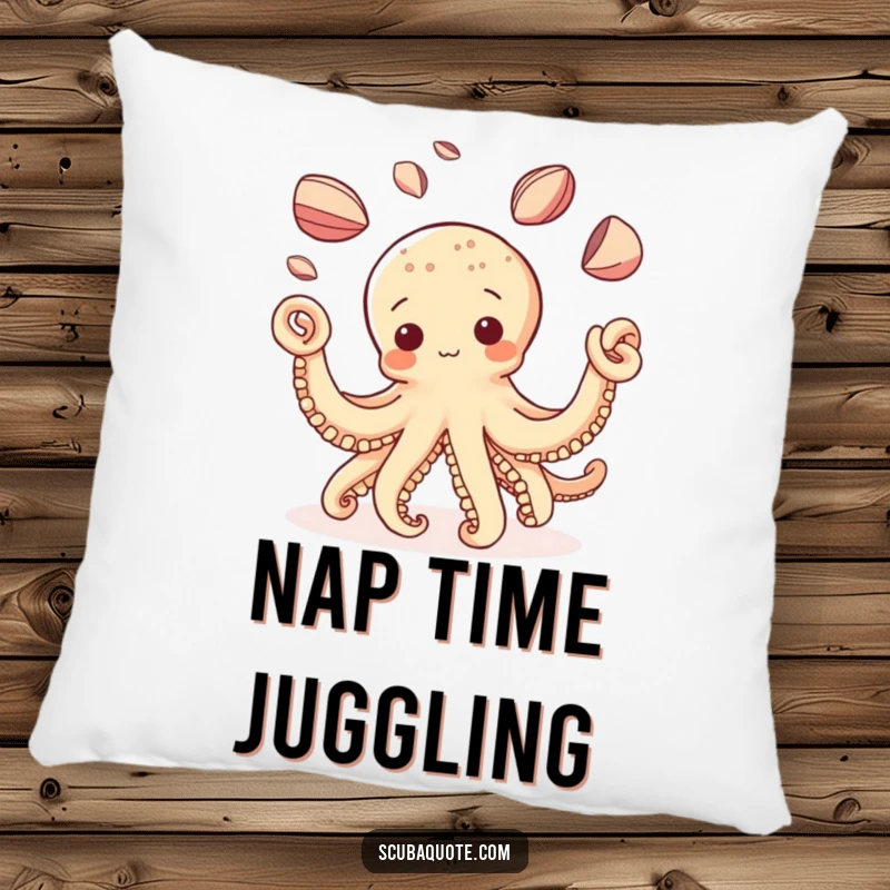 Funny Octopus Pillow: A cute octopus is depicted expertly juggling a pile of shiny, colorful shells on a soft, plush surface.