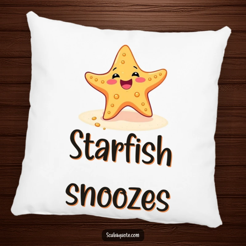 Funny pillow featuring a delighted starfish doing a happy wiggle dance on the sandy ocean floor.