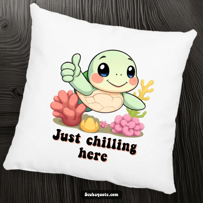 Funny pillow with a cheerful sea turtle giving a thumbs-up near coral, offering comfort and positive decor.