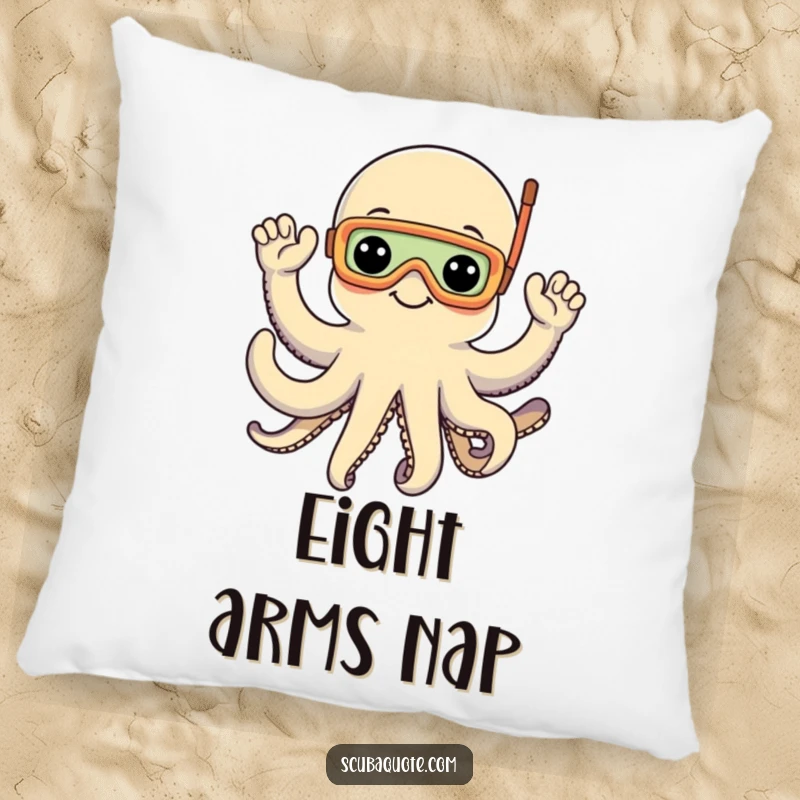 Funny pillow with a happy octopus in a snorkel mask waving all eight arms, providing cozy underwater comfort and charm.