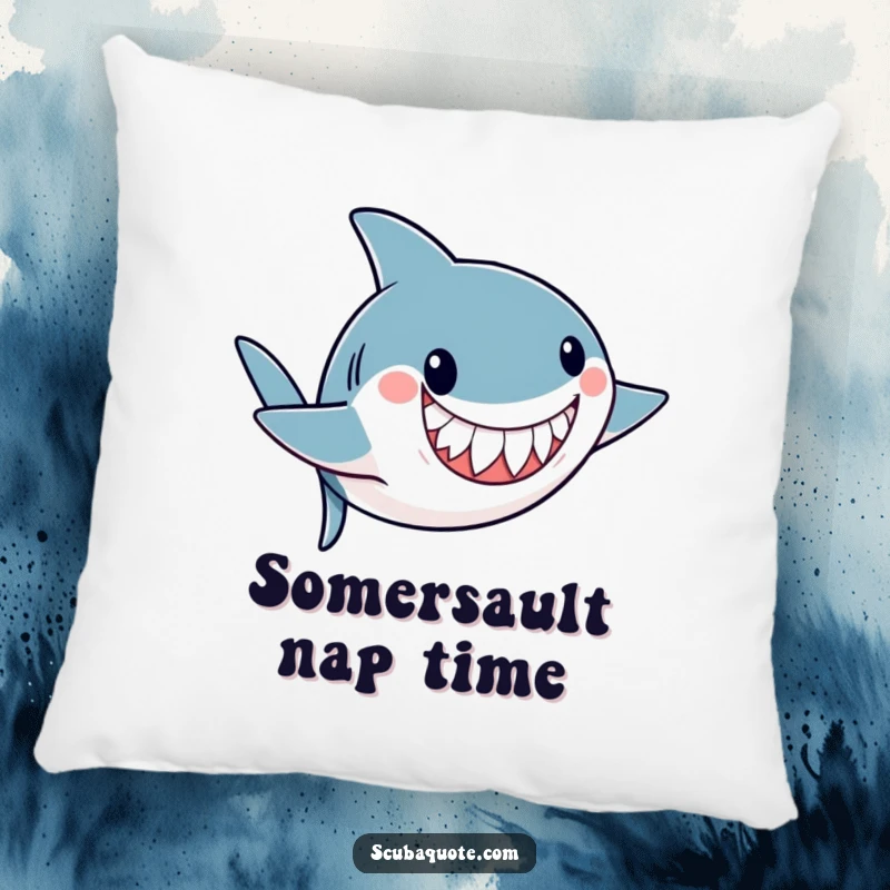 Funny pillow with a playful shark doing an underwater somersault with a friendly grin, providing cozy aquatic comfort.
