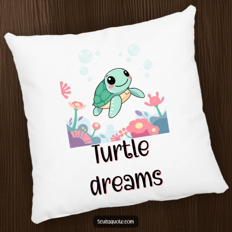 Funny pillow featuring a happy sea turtle gliding past colorful anemones and playful bubbles with a serene expression.