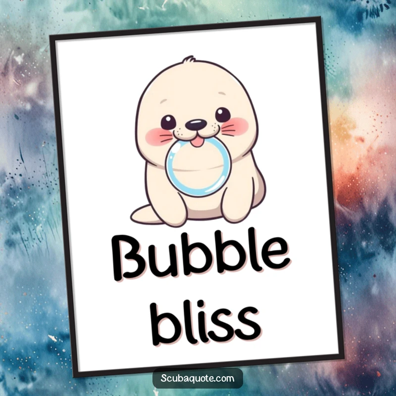 Funny seal digital art print of a cute pup blowing a bubble ring, perfect for instant adorable decor.