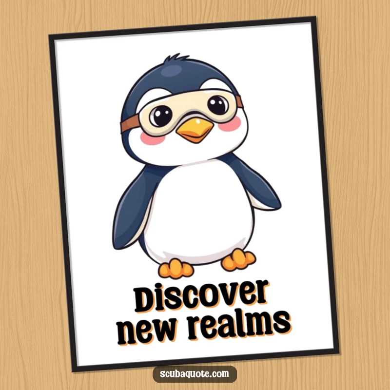 Funny digital art print of a penguin wearing a mask and fins, looking excited and ready to dive into thrilling adventures, instantly printable.