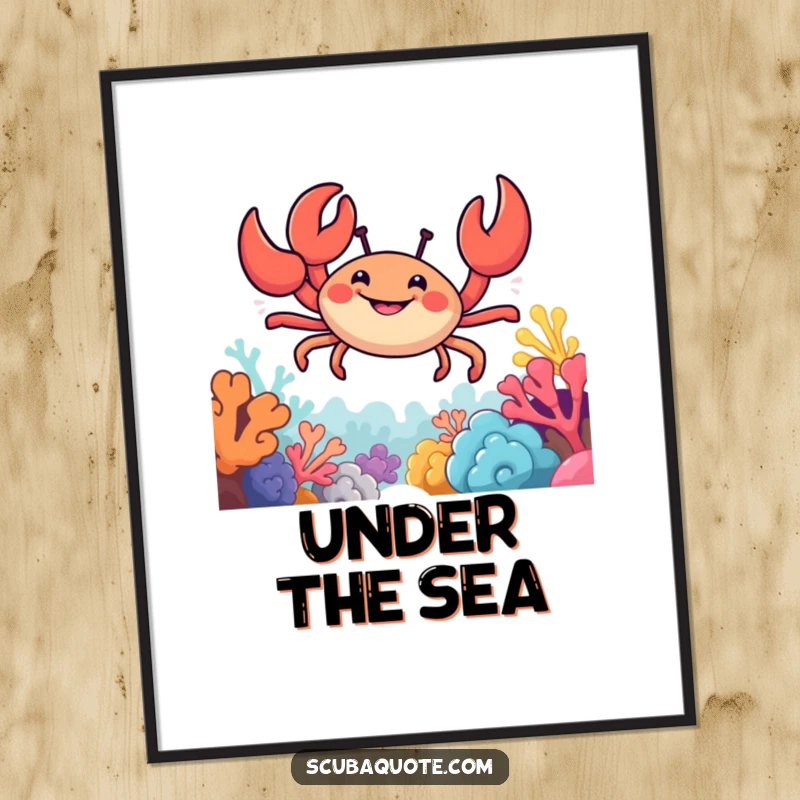 Funny digital art print of a smiling crab with claws outstretched, exploring a brightly colored coral reef.
