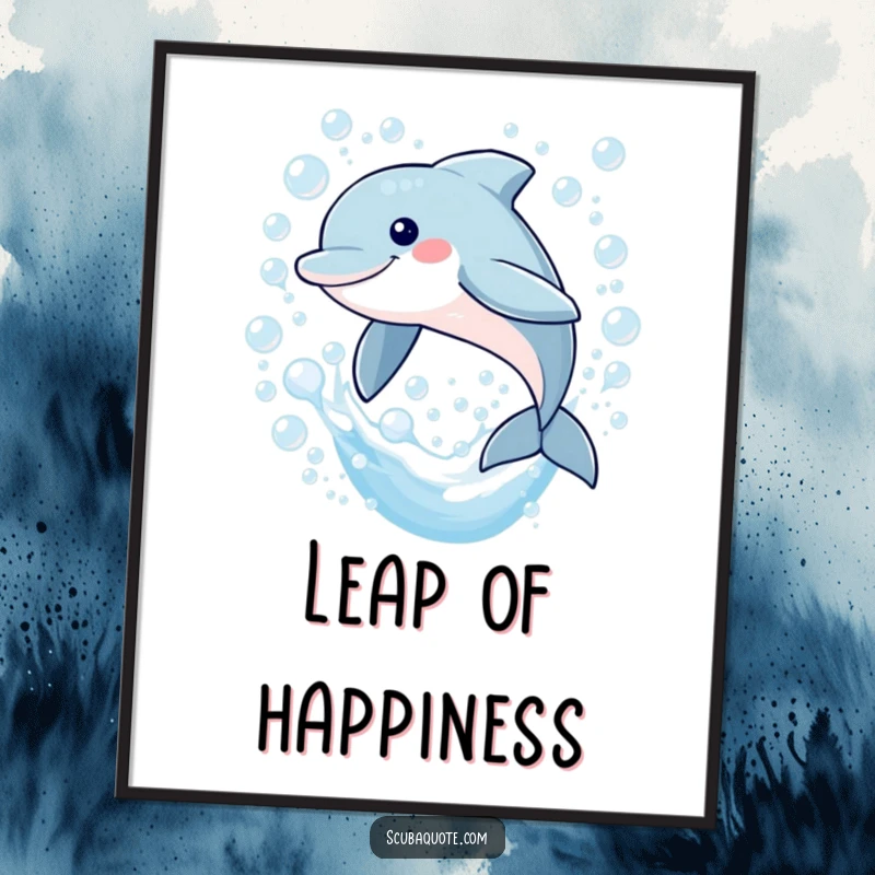 Funny digital art print of a smiling dolphin leaping through bubbles, perfect for instant download and vibrant, humorous wall decor.