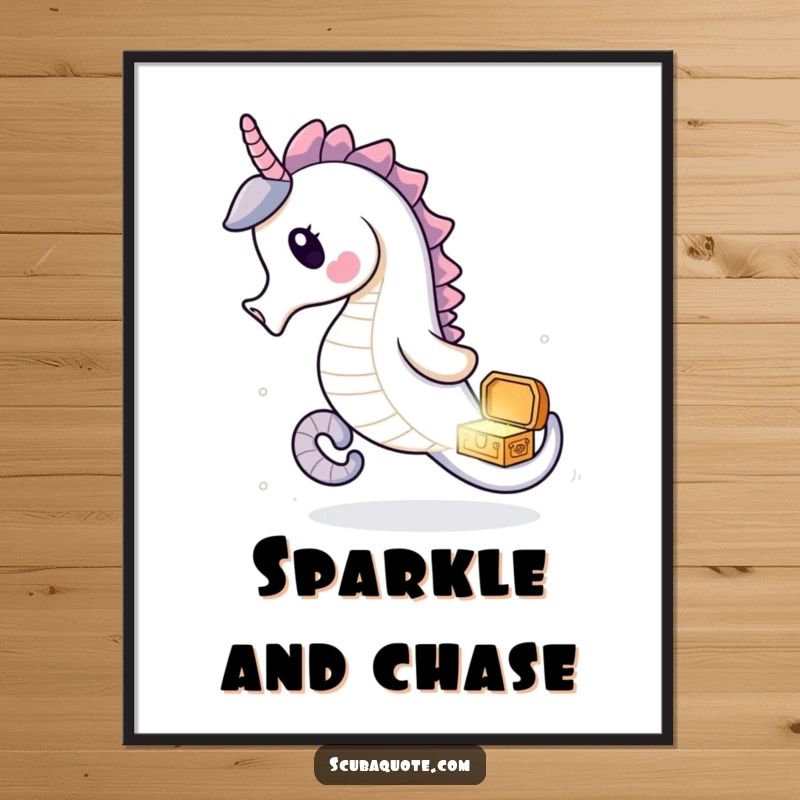 Funny seahorse digital art print of a delighted seahorse chasing a sparkling treasure chest, ideal for instant decor.
