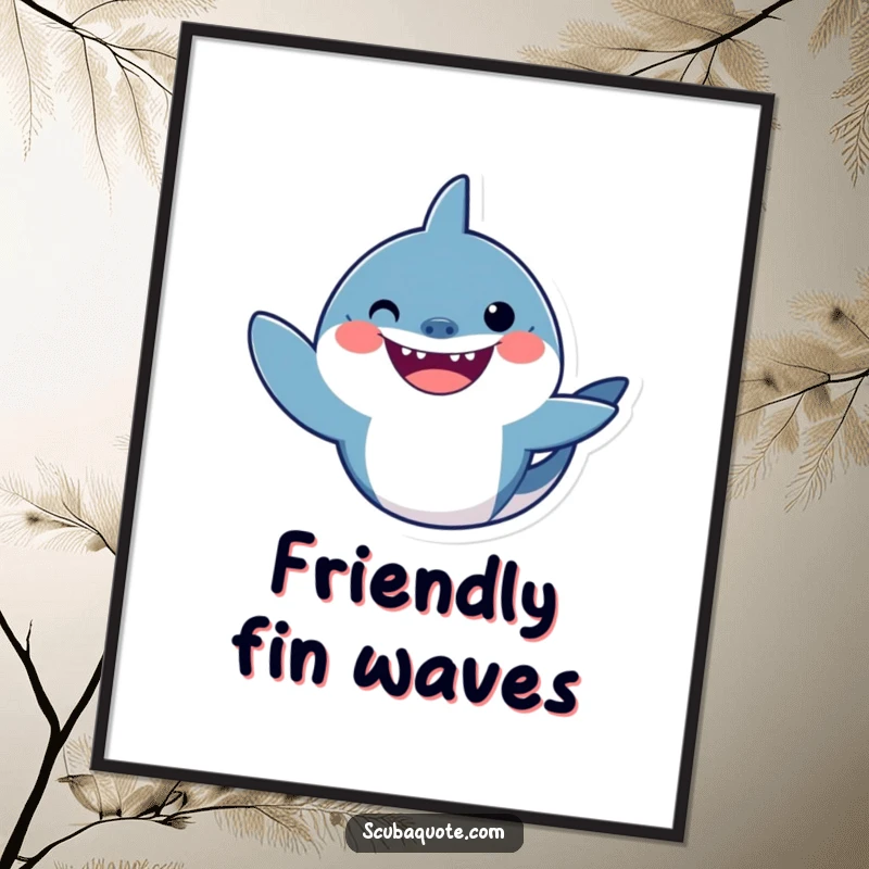 Funny shark digital art print of a smiling shark waving a friendly fin, perfect for instant wall decor.