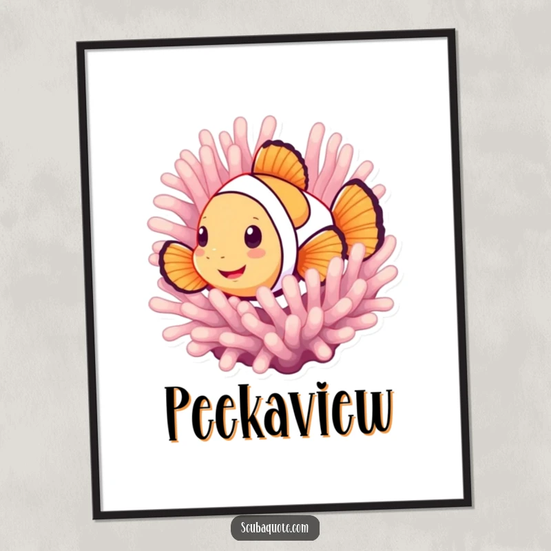 Funny digital art print of a smiling clownfish peeking from an anemone, creating a cheerful, vibrant, and humorous underwater scene.