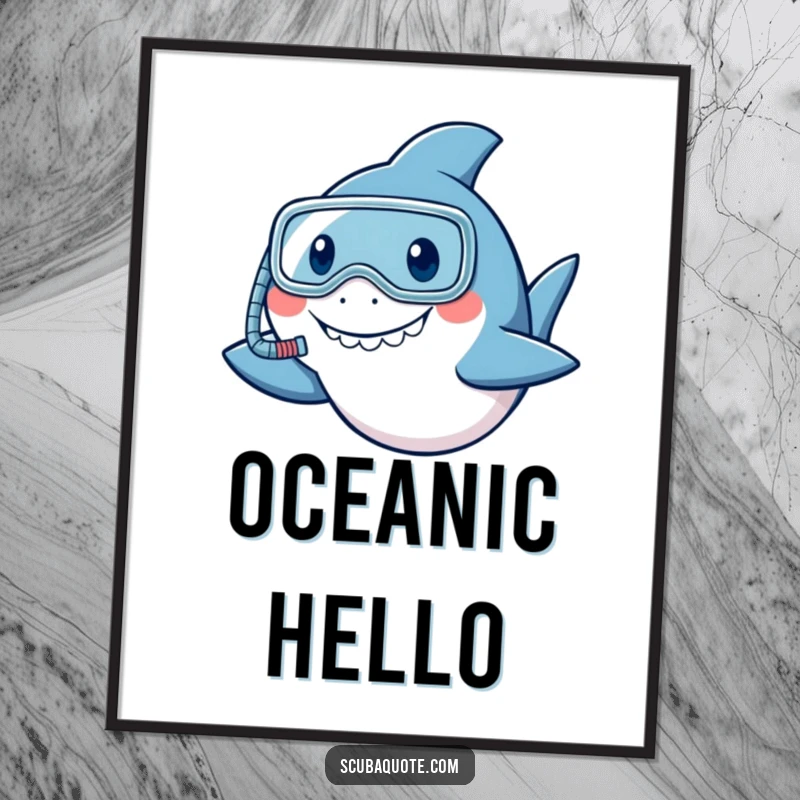 Funny shark digital art print with a snorkel, smiling and nodding, perfect for humorous decor.