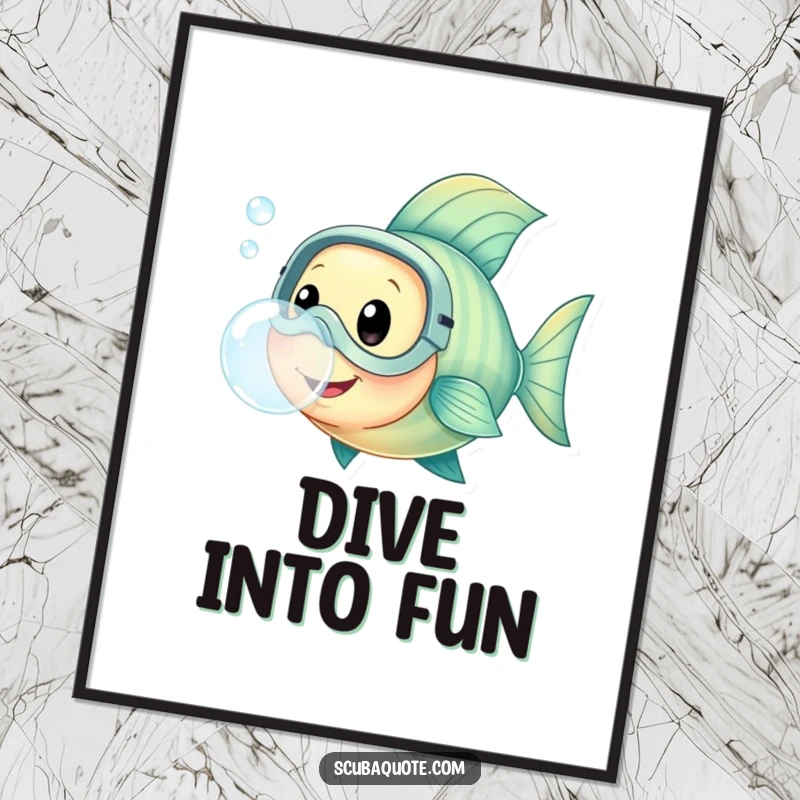 Digital art print of a happy fish wearing a diving mask, blowing a bubble, perfect for underwater decor.
