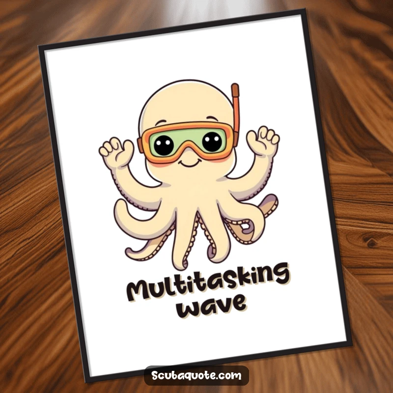 Funny digital art print of a cheerful octopus wearing a snorkel mask, waving with eight arms, perfect for ocean-themed decor.