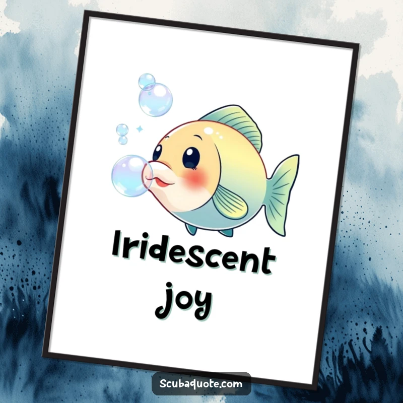 Funny digital art print of a cheerful fish blowing large iridescent bubbles, perfect for instant download and whimsical, humorous wall decor.