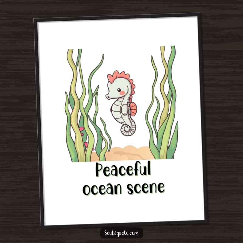 Funny digital art print of a content seahorse gently drifting through swaying seaweed, embodying peaceful ocean serenity, instantly printable.