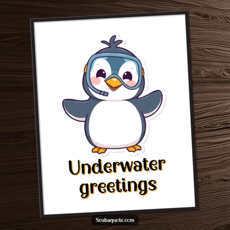 Funny digital art print of a happy penguin in snorkel gear, waving hello, perfect for instant download and whimsical decor.